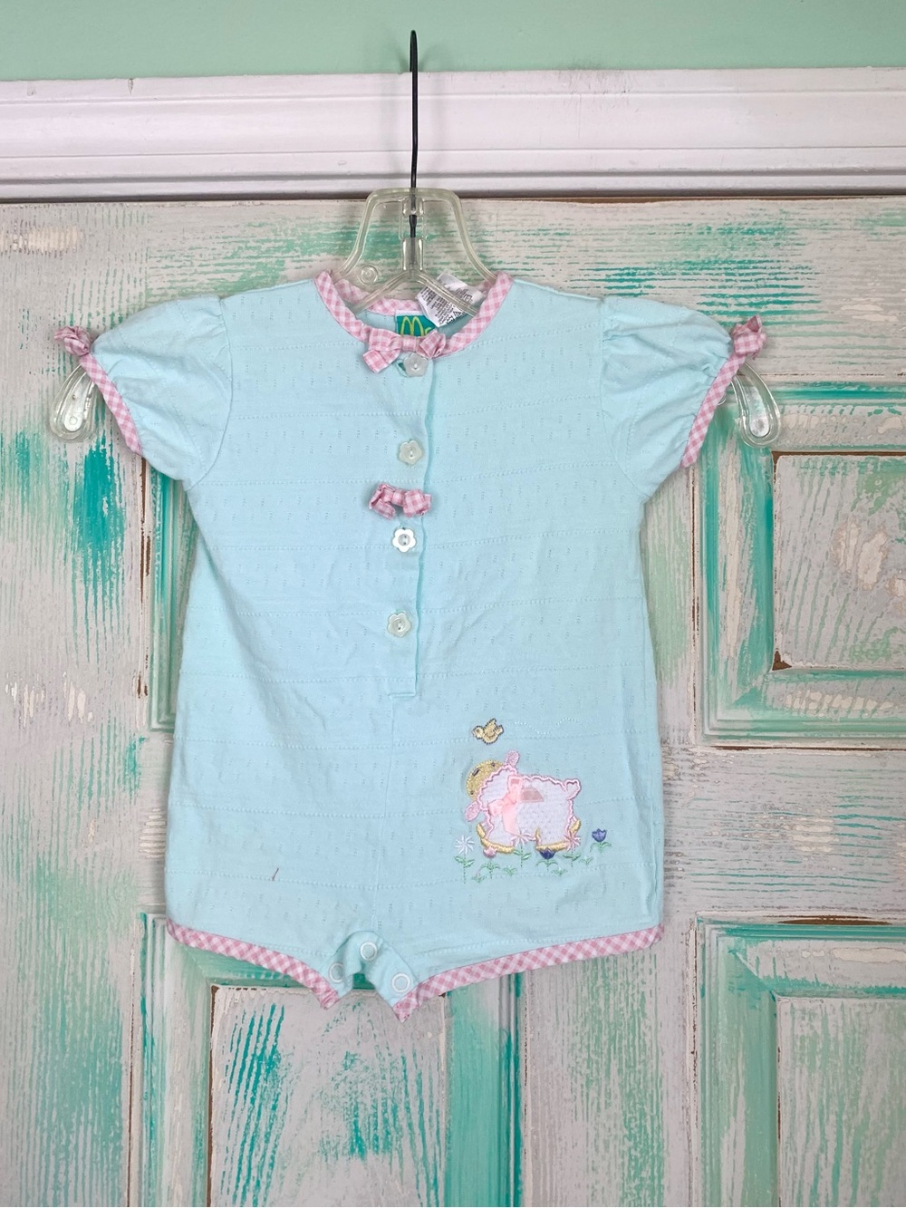 Vintage McBaby Pastel Blue & Pink Lamb One Piece Romper Outfit 3/6 Months
